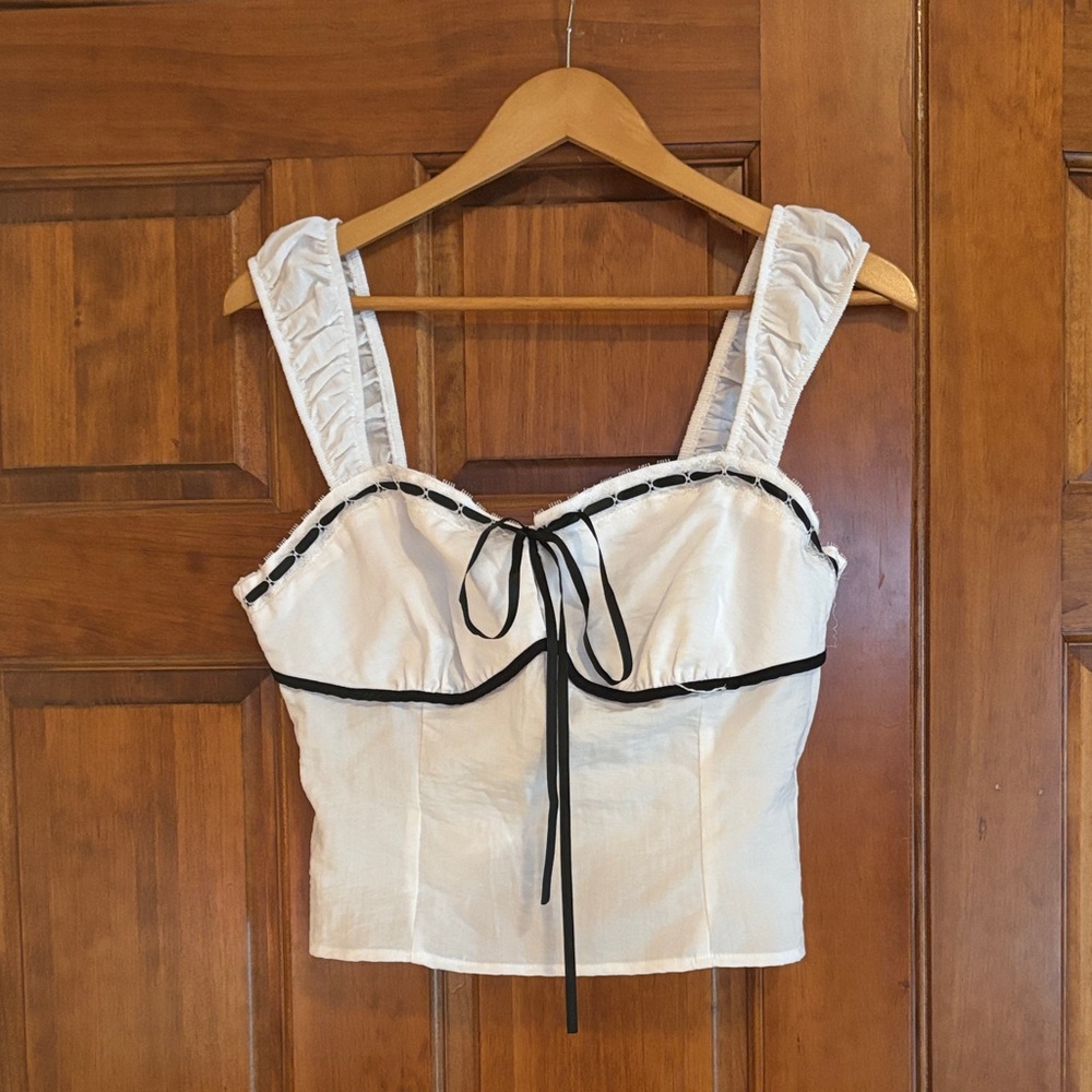 White Sleeveless Tie-Front Crop Top with Black Trim